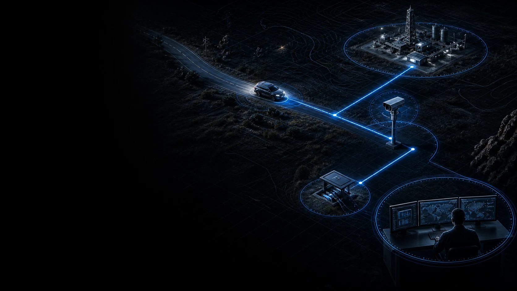 Integrated security digital twin linking a vehicle, industrial site, camera, protected cable chamber and monitoring operator