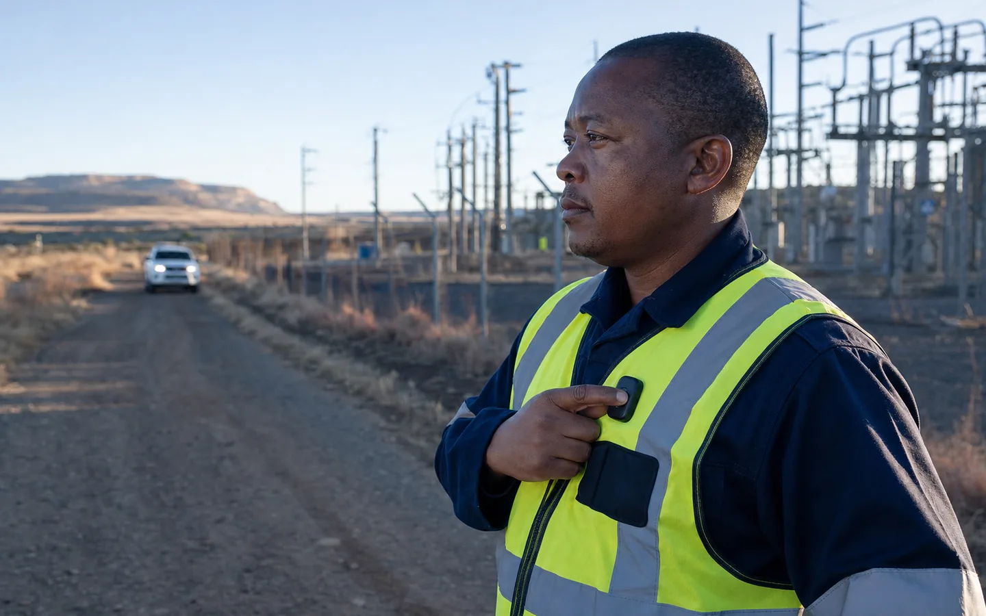 Security officer at an electrical substation in a South African industrial landscape.