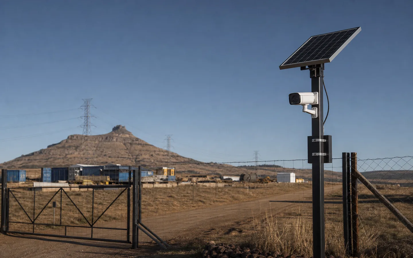 Solar-powered security camera protecting a remote industrial site.